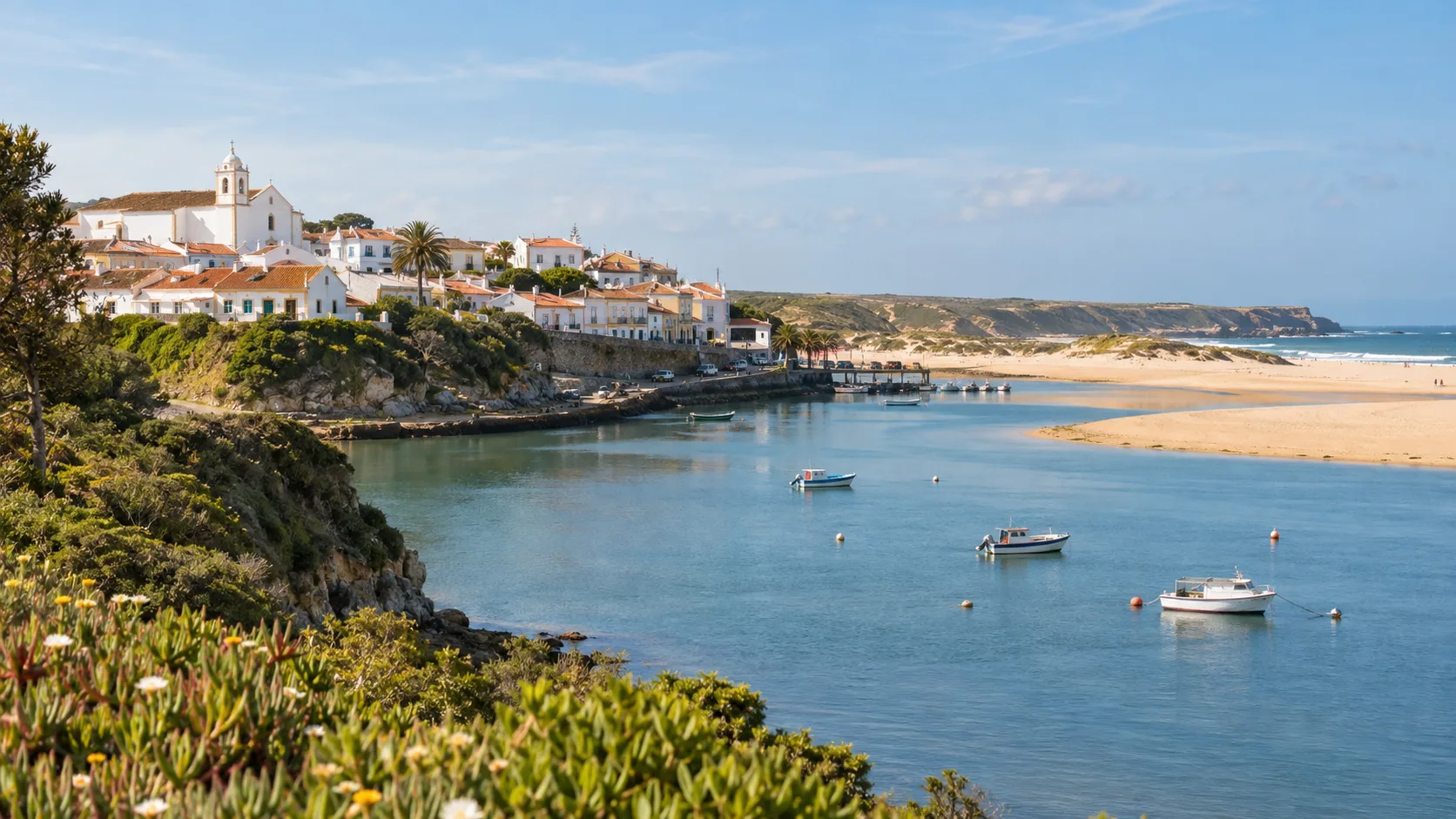 Vista costeira de Vila Nova de Milfontes junto ao rio Mira e praias da Costa Alentejana